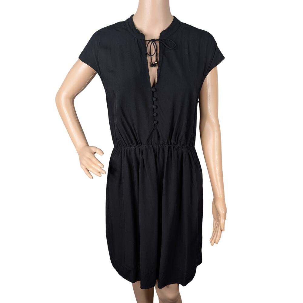 Anthropologie Maeve Odilia Black Cap Sleeve Pocket Midi Shirt Dress SZ S